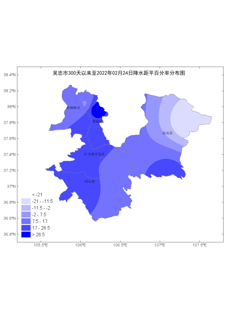 吴忠市300天以来至2022年02月24日降水距平百分率分布图